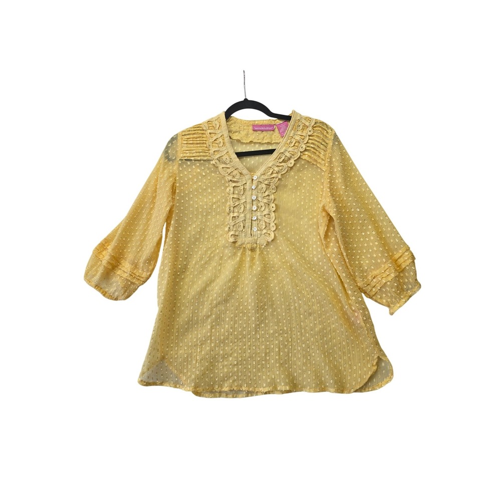 Woman Within Yellow Swiss Dot Crochet Lace V-Neck Blouse Top Size